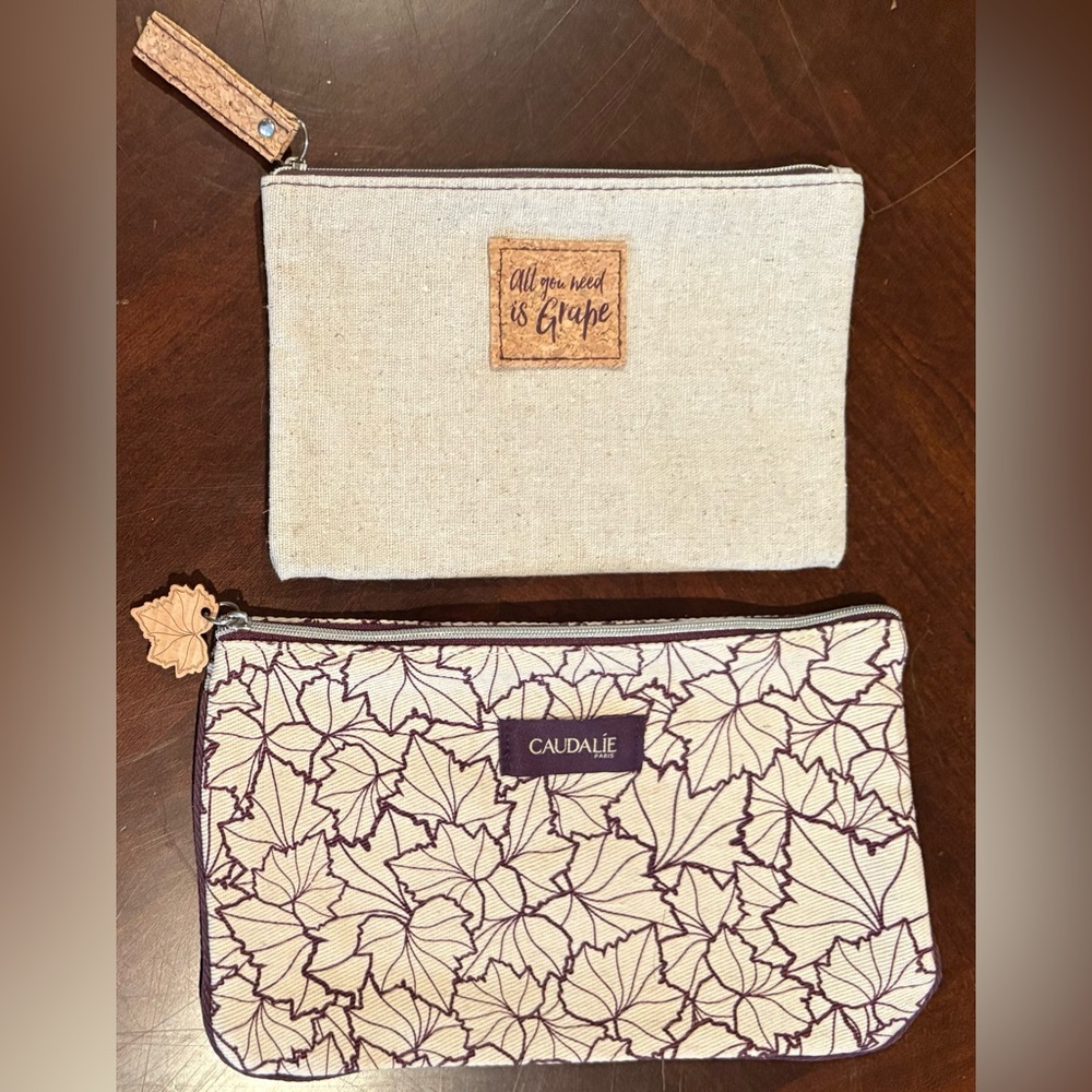 New Caudalie Makeup Bag Set of 2, Tan and Burgundy Cotton Jute Fabric